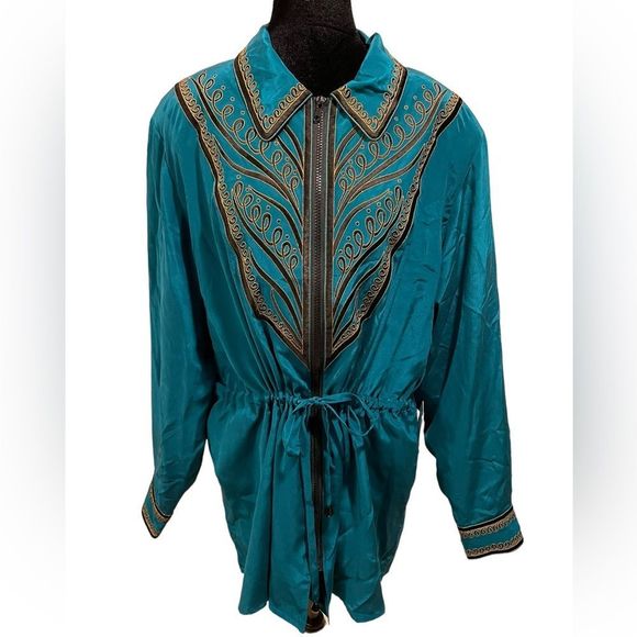 Bob Mackie NWT Vintage Teal Silk Embroidered coat front zip & drawstring size L - Picture 1 of 10
